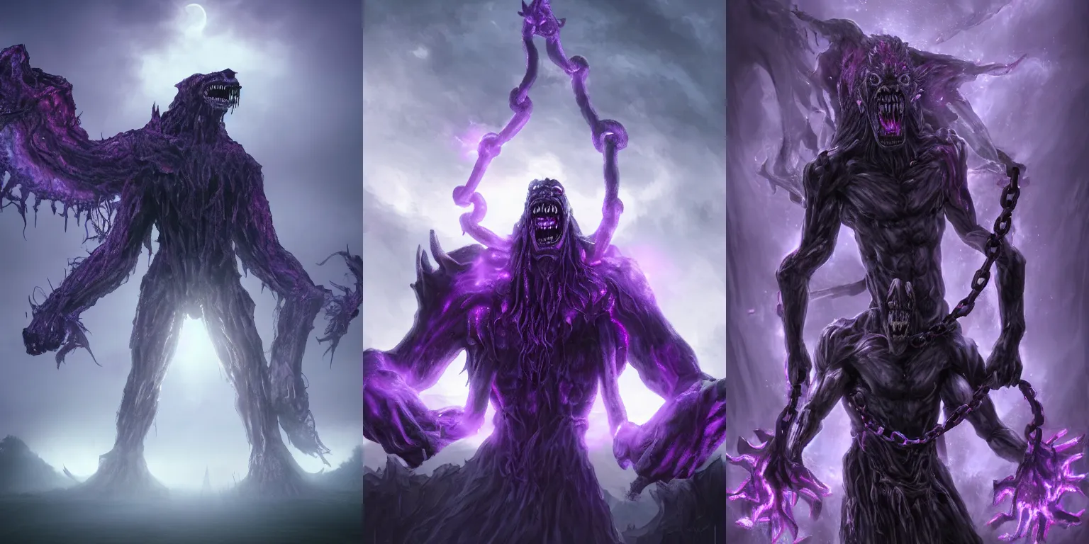 Prompt: Giant demonic abomination statue. Howling. Enchained, chains, restrained. Bloom, volumetric lighting. Purple lighting. Dark fantasy, digital painting, illustration, HD, 4k, detailed, vibrant, horror.