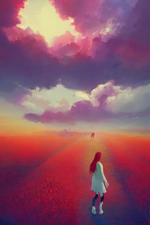 Image similar to red haired girl walking in a flower field, surreal photography, sunrise, dramatic light, impressionist painting, colorful clouds, digital painting, artstation, simon stalenhag