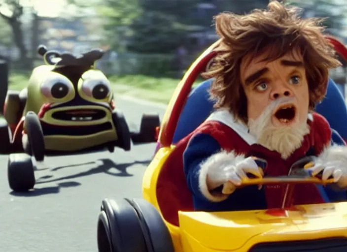 Image similar to peter dinklage racing gizmo from gremlins driving a little tikes cozy coupe, movie still, from the new fast and furious movie, 8 k, realistic