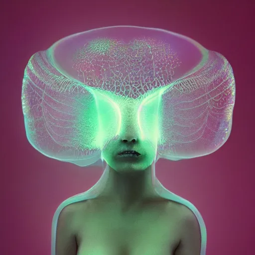 Image similar to closeup of a luminous jelly fish armor. soft. fragile. by ray caesar. by anna claren. surreal photography