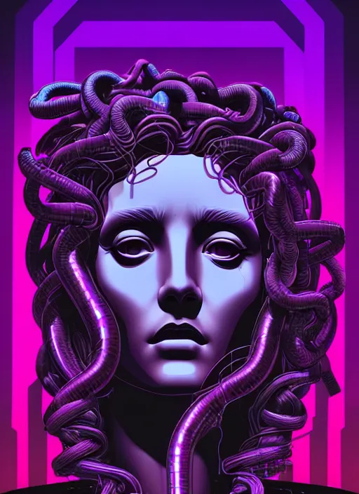 Image similar to statue of medusa, beeple, android jones, liam wong, ( ( ( ( ( dan mumford ) ) ) ) ), vaporwave, retrowave, black background, neon wiring, black, glitch, strong contrast, cuts, pinterest, trending on artstation