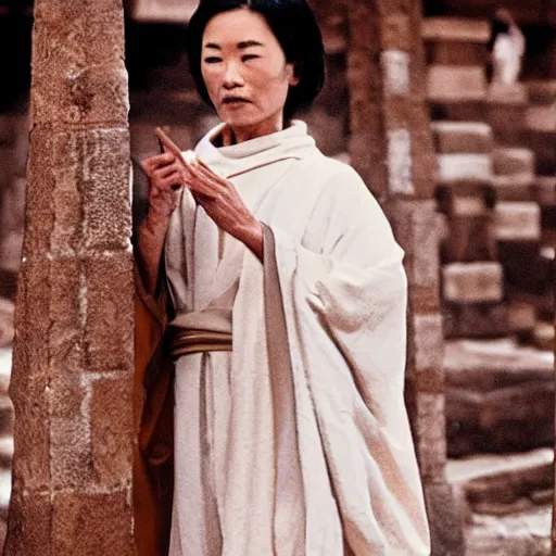 Prompt: Priest Tripitaka played by Masako Natsume on a pilgrimage to India to fetch holy scriptures and save the world, IMAX Movie Still