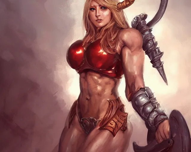 Image similar to portrait of samus aran as a very attractive female bodybuilder viking queen, elegant, fantasy, hd shot, digital portrait, beautiful, artstation, comic style, by artgerm, guy denning, jakub rozalski, magali villeneuve and charlie bowater