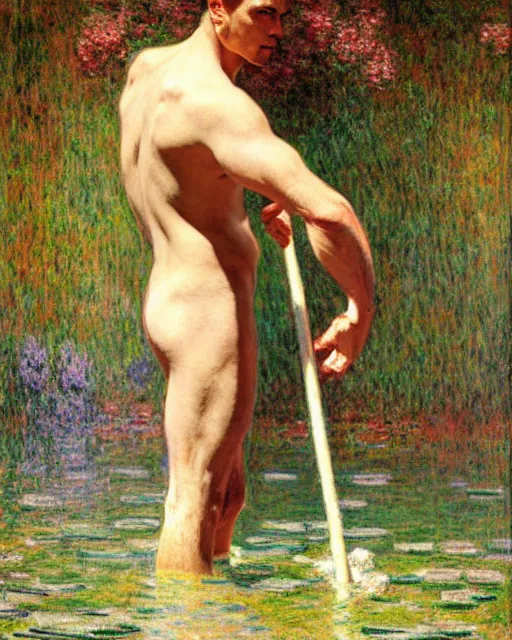 Image similar to handsome philospher wading through a river, reflective water,!!! pants!!! painting by tom of finland, gaston bussiere, craig mullins, j. c. leyendecker, claude monet