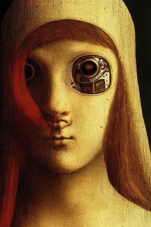 Image similar to a close - up portrait of a cyberpunk cyborg girl, by leonardo davinci, rule of thirds