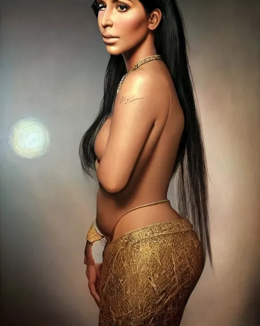 Image similar to a highly realistic, true to life portrait of kim kardashian as a beautiful young middle eastern girl, sharp focus, from the waist up, with sharp features, a beautiful face, soft smile, under studio lighting, taken with a canon eos camera with 1 3 5 mm focal length, art by artgerm and greg rutkowski and alphonse mucha