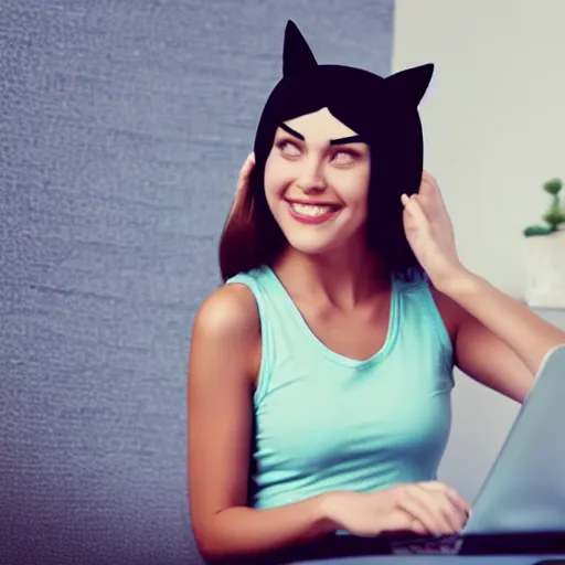 Prompt: cute woman wearing tank top and cat ears plays on computer