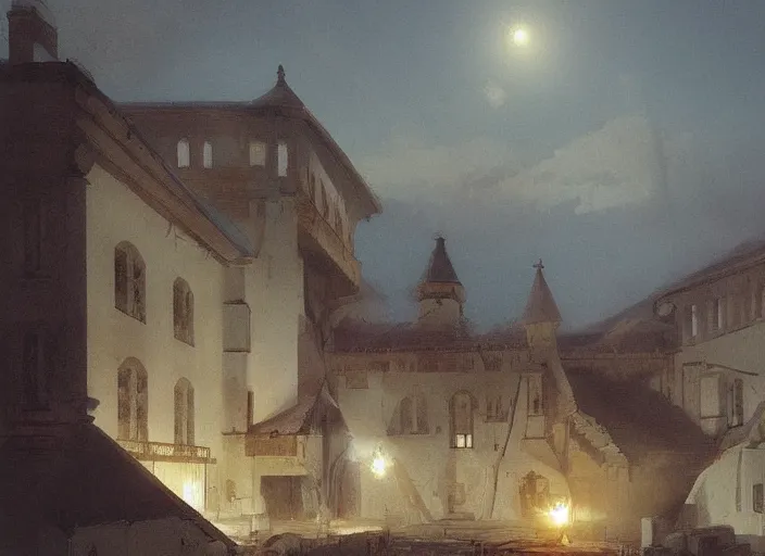 Image similar to 1 8 5 4 crimean war, army hospital in scutari at night, wounded patients in beds on both sides of hospital ward, finely detailed perfect art, painted by greg rutkowski makoto shinkai takashi takeuchi studio ghibli