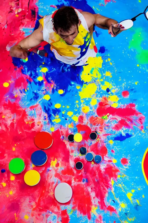 Prompt: man playing table tennis, paddle and ball, colorful paint splatters