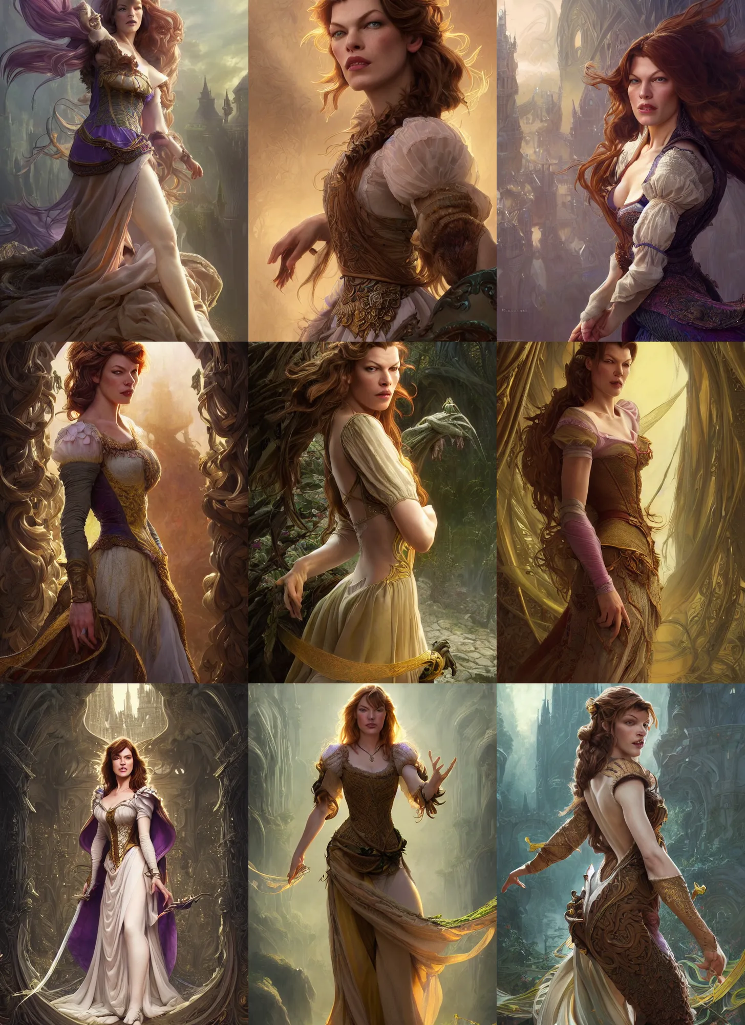 Prompt: full body photograph of milla jovovich as rapunzel, deep focus, intricate, elegant, highly detailed, digital painting, artstation, concept art, matte, sharp focus, illustration, d & d, fantasy, hearthstone, art by artgerm and greg rutkowski and alphonse mucha