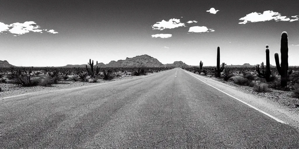 Image similar to “Desert highway in the style of Marcelino Truong, signs, capitalism, low horizon, industry, cactus, mountain”
