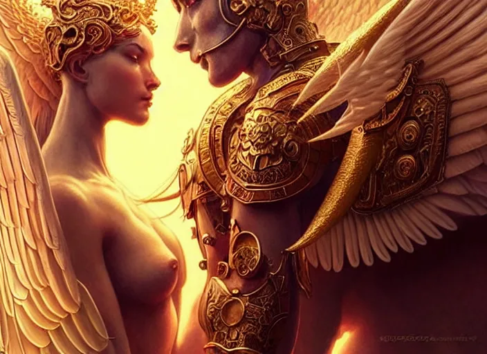 Prompt: closeup of demonic horse and angelic woman in armour, passionate pose, intricate, elegant, golden glow, sharp focus, soft bokeh, illustration, highly detailed, concept art, matte, trending on artstation, bright colors, 3 d 8 k, art by wlop and artgerm and greg rutkowski, mucha, giger, marvel comics, beksinski