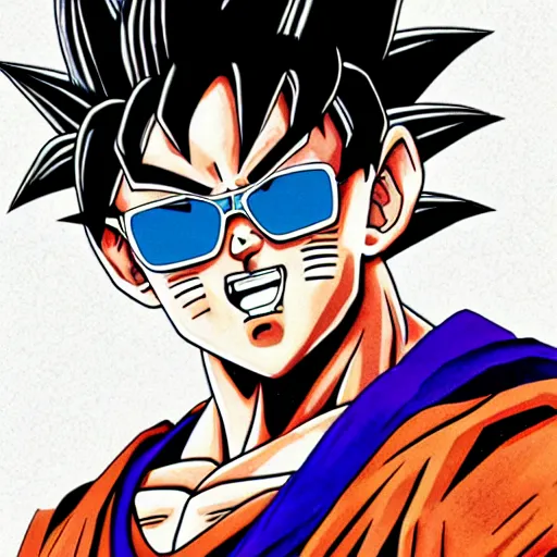 Image similar to portrait of goku from dragon ball wearing shades and a gold chain incredibly detailed, color, smooth, concept art, illustration,