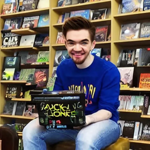 Image similar to jacksepticeye wearing blue jeans playing a video game in a bookstore