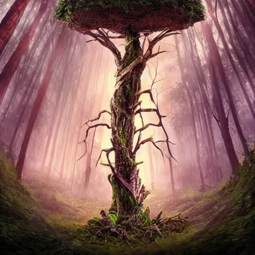 Image similar to horrific, spectacular tree in a densely overgrown jungle, fantasy, dreamlike sunraise, ultra realistic, atmospheric, stopped in time, epic