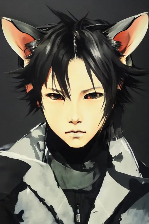Prompt: yoji shinkawa painting of a stylish a young boy with wolf ears, neko boy with wolf ears. 8 k