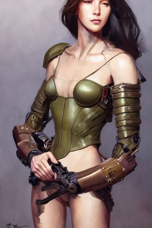 Image similar to a professionally painted portrait of an attractive young woman, clothed in military armor, olive skin, long dark hair, beautiful bone structure, symmetrical facial features, intricate, elegant, digital painting, trending on Artstation, concept art, smooth, sharp focus, illustration, from Metal Gear by Ruan Jia and Mandy Jurgens and Artgerm and William-Adolphe Bouguerea, award winning