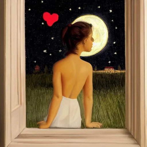 Prompt: painting of brunette girl from behind as she looks at the window at the night sky, feature the moon and hearts