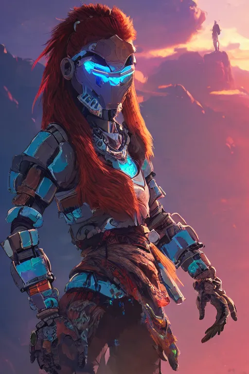 Image similar to combination suit armor aloy horizon forbidden west horizon zero dawn radiating a glowing aura global illumination ray tracing hdr fanart arstation by ian pesty and alena aenami artworks in 4 k tribal robot ninja mask helmet backpack