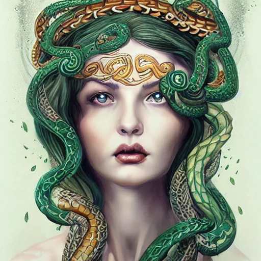 Prompt: realistic mythological greek medusa with snakes on the head, by anna dittmann