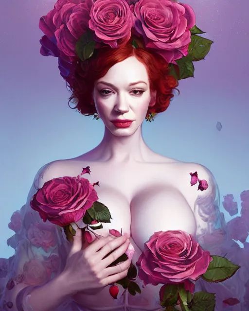 Image similar to portrait of christina hendricks with roses, baroque, roses, intricate abstract upper body intricate artwork, by tooth wu, wlop, beeple, dan mumford. concept art, octane render, deviantart, greg rutkowski, cinematic arthouse, key art, hyper realism, iridescent accents