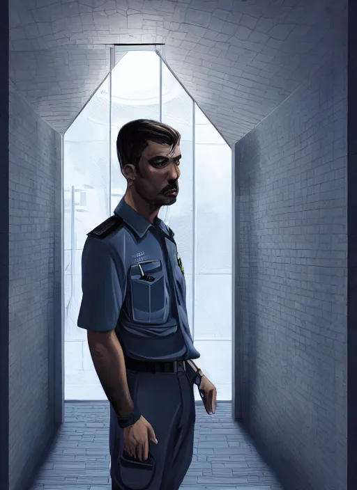 Image similar to portrait of a handsome hunky security guart in a futuristic prison. art by denys tsiperko and dan dos santos. detailed, hyperrealism, 8 k resolution