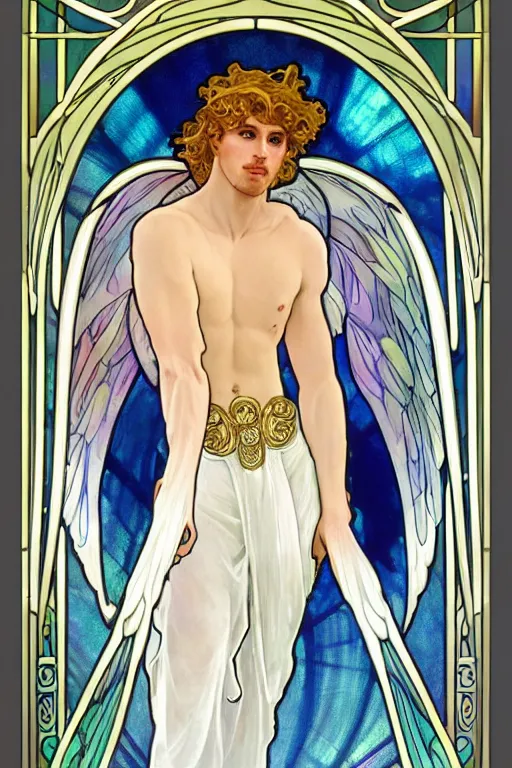 Prompt: full figure art nouveau window depicting a young fit male angel with curly blond hairs, dressed with fluent clothes, majestic wings, luminous halo, by alfons mucha, d & d character, gradient white to gold, in front of an iridescent background, highly detailed portrait, digital painting, artstation, concept art, smooth, sharp focus, illustration, artstation hq