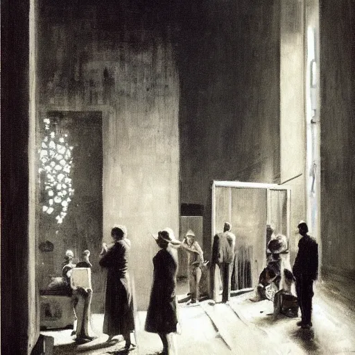 Image similar to by gerald harvey jones daring. a group of people in a dark room. the only source of light is a small window in the corner. the people are all looking at something outside of the mixed mediart.