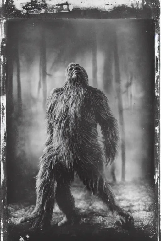 Prompt: a wet plate photograph of a Bigfoot going into a barber shop