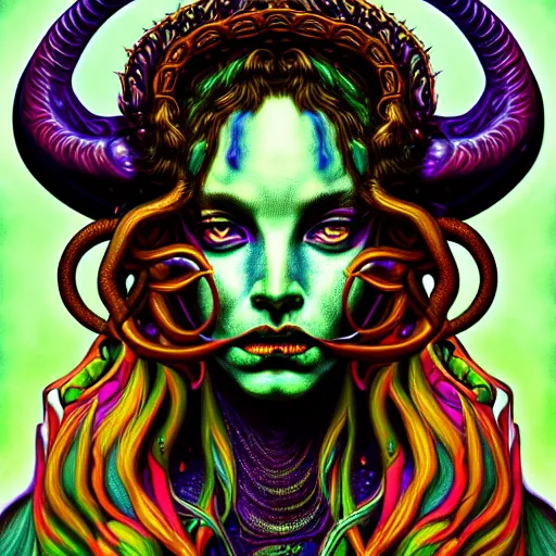 Image similar to an extremely psychedelic portrait of baphomet as medusa, surreal, lsd, face, detailed, intricate, elegant, lithe, highly detailed, digital painting, artstation, concept art, smooth, sharp focus, illustration