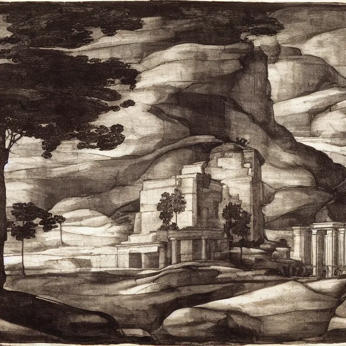 Image similar to a building in a serene landscape, by michelangelo