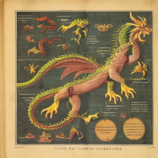 Prompt: scan of XVI century encyclopedia diagram presenting different dragon types, with informative text and diagrams