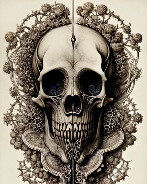 Image similar to art forms of nature by ernst haeckel, memento mori by arthur rackham, ornate antique porcelain beautiful skull mask, ultrasharp, photorealistic, hyperdetailed, octane render, polished, art nouveau, neo - gothic, gothic, intricate ornamental organic filigree, art nouveau botanicals, art forms of nature by ernst haeckel, horizontal symmetry, symbolist, visionary