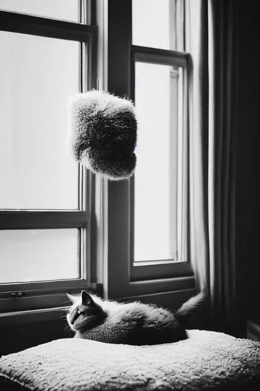 Prompt: “ fluffy grey cat lying on cat bed turning head to look out the window, lying on cat tree, cozy living room, warm, cotton, dramatic lighting, extremely high quality, leica m - a, lux 3 5 fle, portra 8 0 0, analog ”