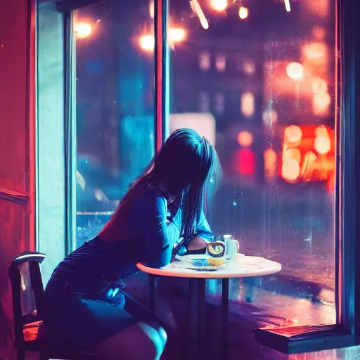 Prompt: beautiful over the shoulder photograph of a woman with dark-blue hair sitting in a cafe next to a window on a rainy night, outside are neon lights from a busy city, award winninh photo, artstation, atmospheric, high detail