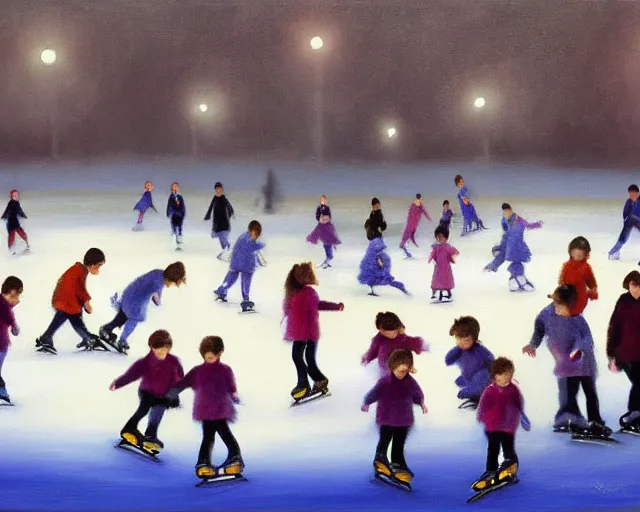 Image similar to Children ice skating. Oil painting by Lisa Yuskavage.