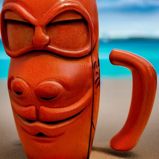 Image similar to a closeup photorealistic photograph of a glossy orange cat garfield style tiki mug sitting at a trader vic's beach bar featuring garfield's face. tiki theme. bright scene. fine detail. this 4 k hd image is trending on artstation, featured on behance, well - rendered, extra crisp, features intricate detail, epic composition and the style of unreal engine.