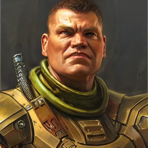 Prompt: the doomguy as a realistic d & d fantasy character, portrait art by donato giancola and greg rutkowski, vintage retro, realistic face, digital art, trending on artstation, symmetry!!