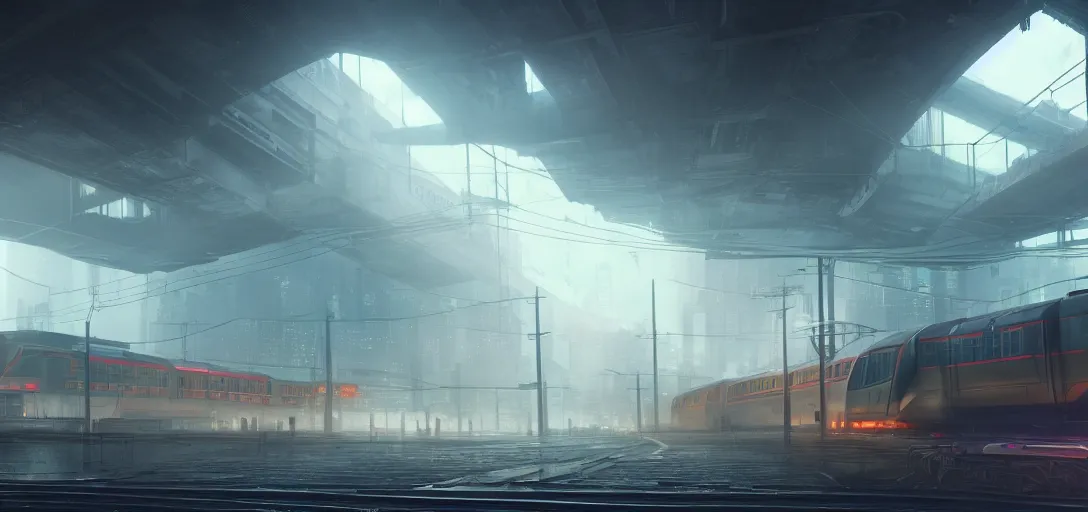 Prompt: dramatic view of cyberpunk train station, colored fog, haze, unreal engine, dramatic lighting, detailed, ambient occlusion, global illumination, god rays, 3 d artstation render by greg rutowski and jessica rossier