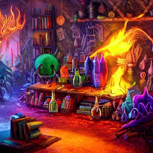 Image similar to these monsters are consumed by fire, yet they remain unharmed. they are surrounded by the tools of the alchemist's trade - beakers and test tubes full of colorful liquids, crystals, and books of ancient knowledge. the scene is suffused with an eerie glow, as if something magical is happening here. dramatic lighting epic glows eerily beautiful photograph