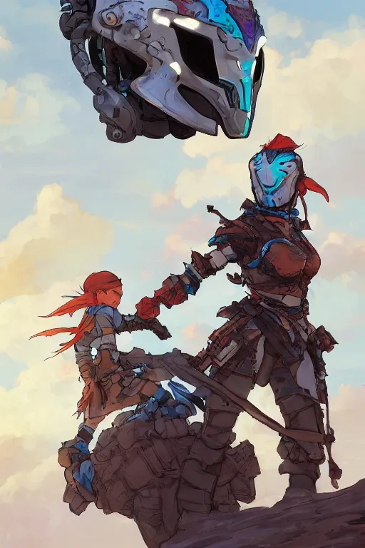 Image similar to combination suit armor aloy horizon forbidden west horizon zero dawn robot ninja mask helmet backpack tribal, art gta 5 comics, official fanart behance hd artstation by jesper ejsing, by rhads, makoto shinkai and lois van baarle, ilya kuvshinov, ossdraws radiating a glowing aura cgi rtx 2 0 2 2