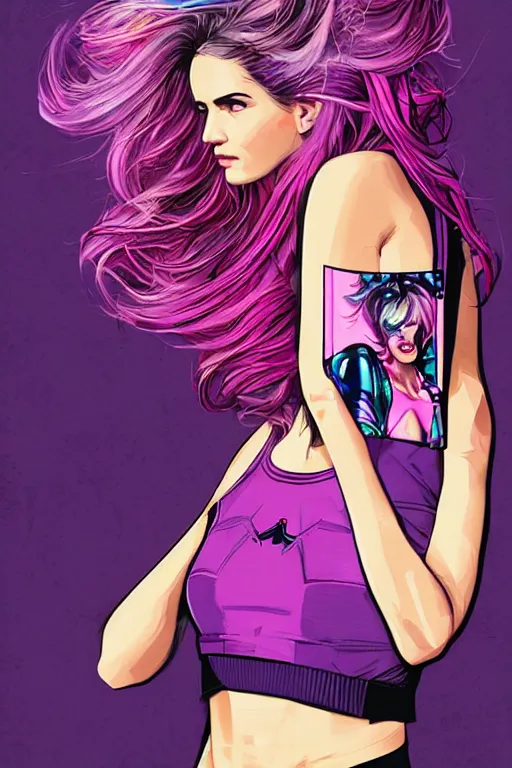 Image similar to a award winning half body porttrait of a beautiful woman in a croptop with ombre purple pink teal hairstyle with head in motion and hair flying by marvel comics and sandra chevrier, outrun, vaporware, illustration, digital art, trending on artstation, highly detailed, fine detail, intricate