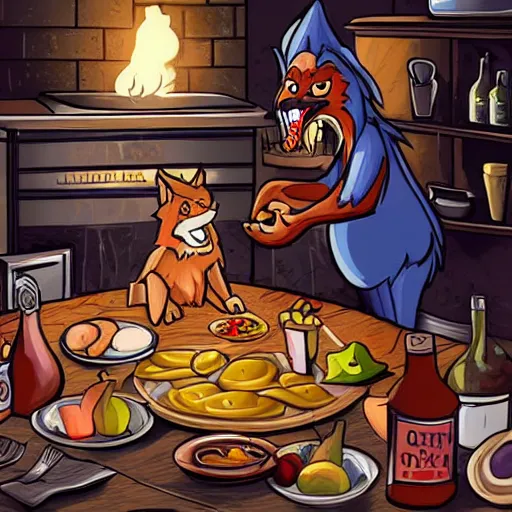 Image similar to YCH illustration of a werewolf cooking dinner