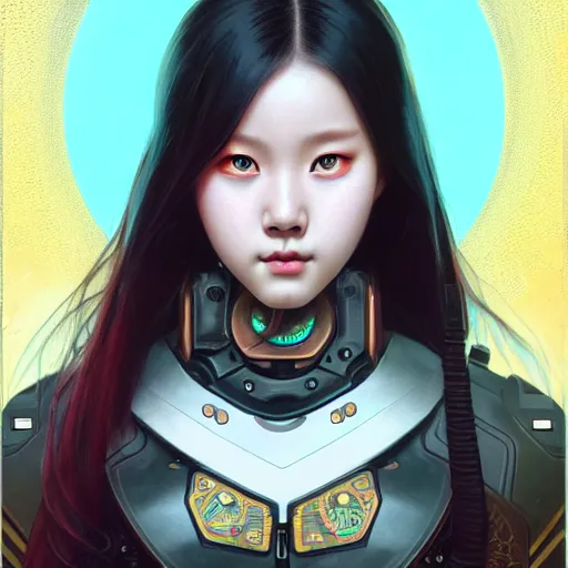 Image similar to portrait painting of olivia hye kpop as a cheerful smiling cyberpunk mercenary, ultra realistic, concept art, intricate details, eerie, highly detailed, photorealistic, octane render, 8 k, unreal engine. art by artgerm and greg rutkowski and magali villeneuve and alphonse mucha