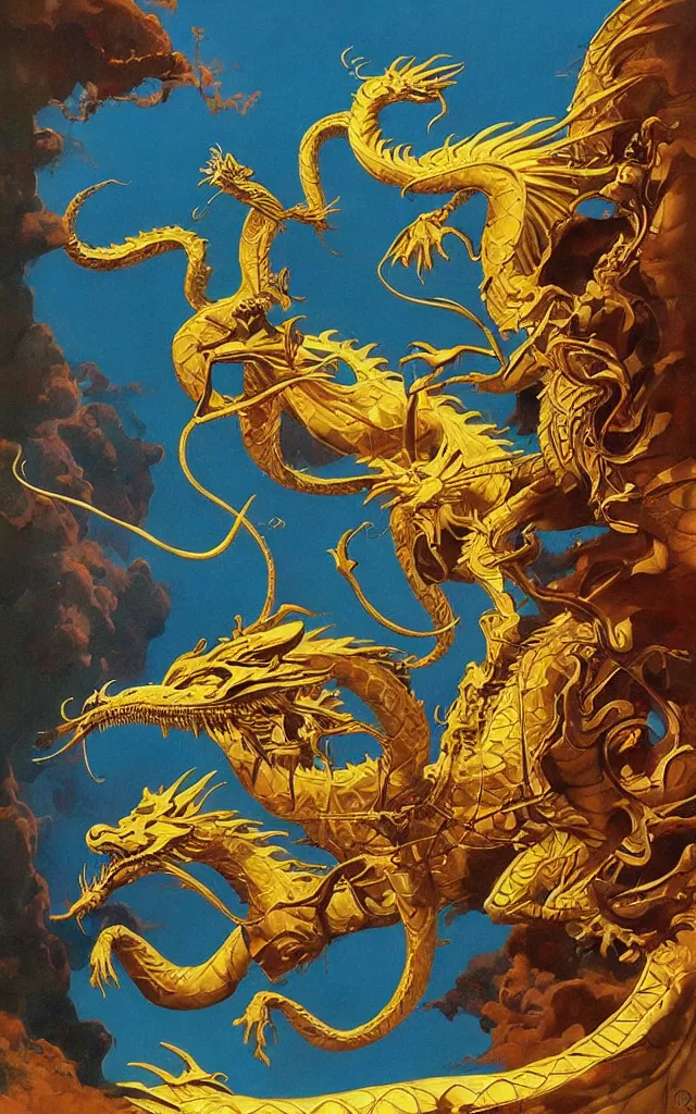 Image similar to golden dragon, epic, legendary, cinematic composition, stunning atmosphere by james jean by roger dean by lee madgewick