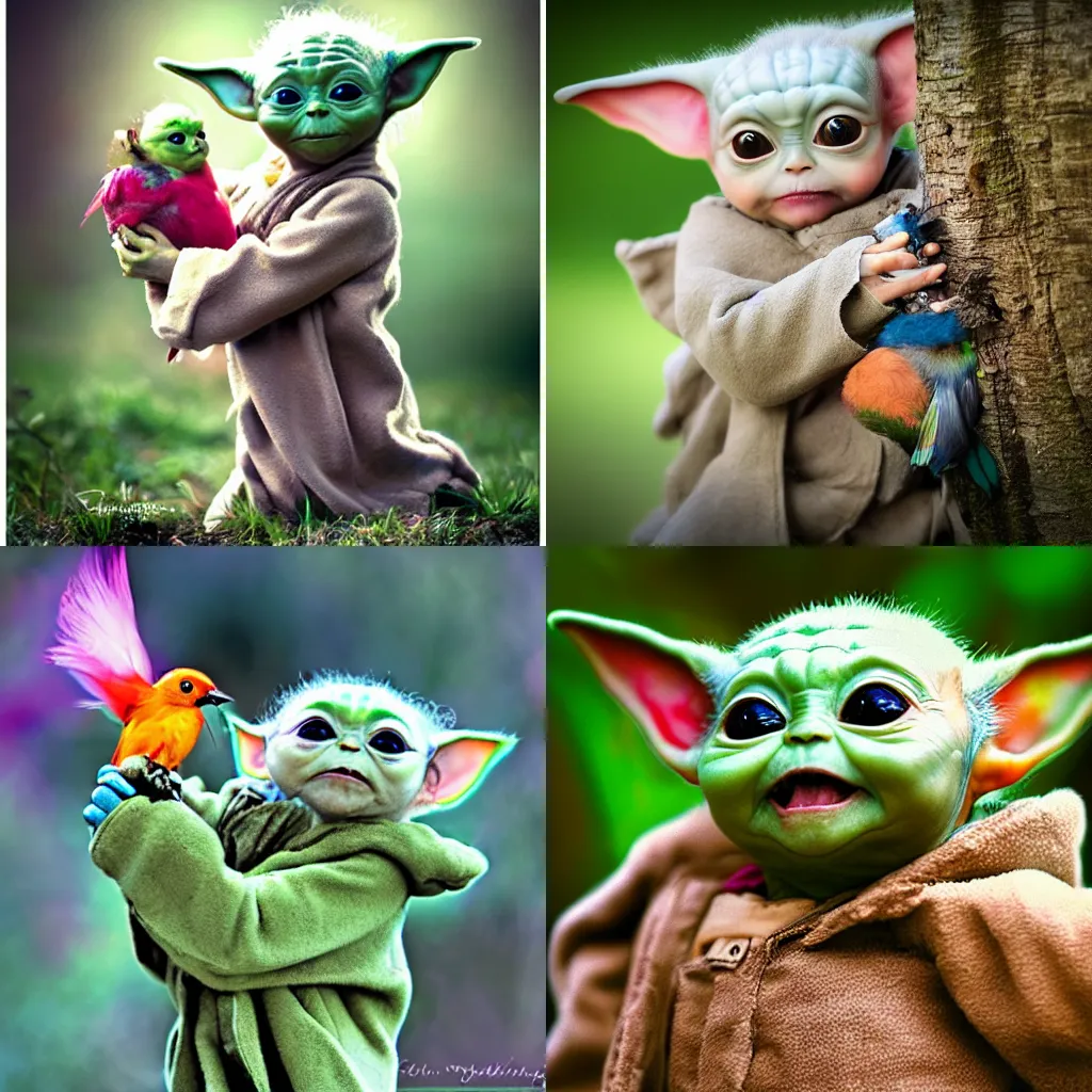 Prompt: wildlife photography of baby Yoda in the wildernis playing with a colorful bird