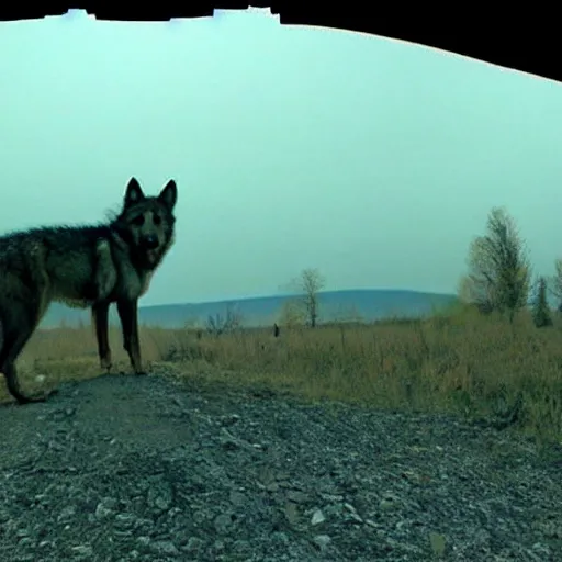 Prompt: trailcam footage of humongous wolf at night