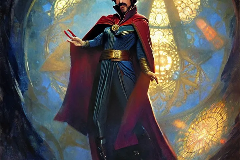 Image similar to natalie portman as doctor strange, character design, painting by gaston bussiere, craig mullins, j. c. leyendecker,