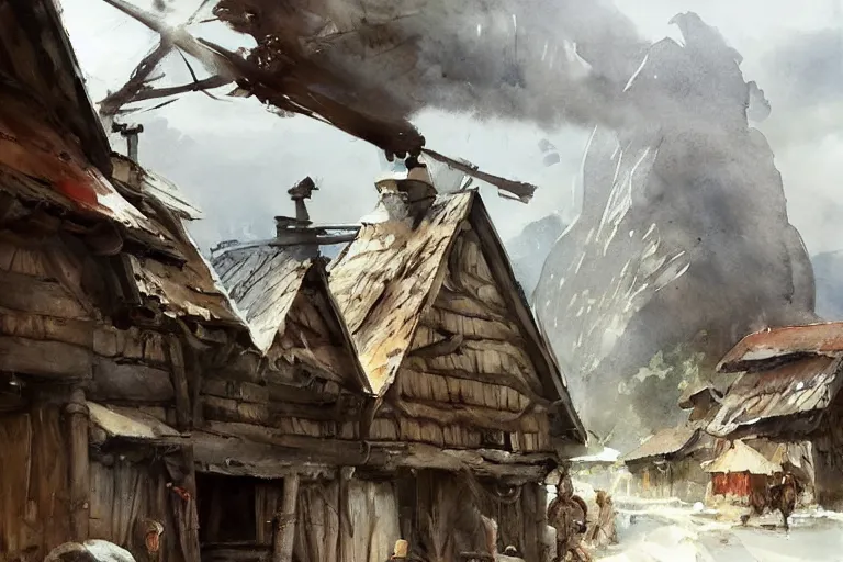 Prompt: paint brush strokes, abstract watercolor painting of rustic village at midday, viking age, ambient lighting, art by hans dahl, by jesper ejsing, art by anders zorn, wonderful masterpiece by greg rutkowski, cinematic light, american romanticism by greg manchess, creation by tyler edlin