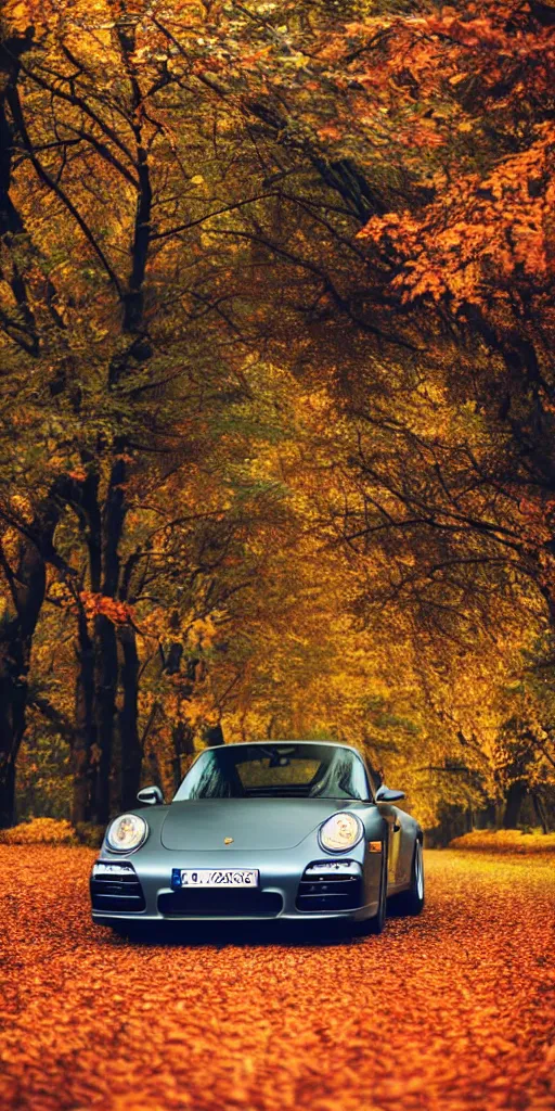 Image similar to photo of a porsche driving through autumn leaves, photo, kodak portra 4 0 0, direct flash, cinematic lighting, anti aliasing